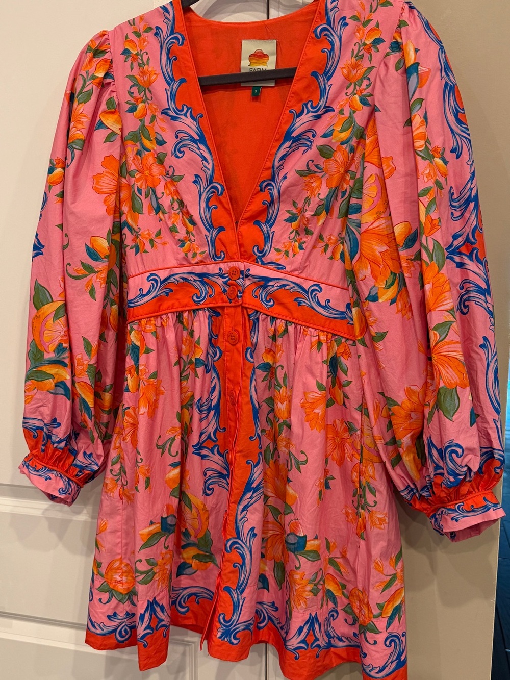 Farm Rio 🍊Vibrant Pink & Orange Floral Mini Dress Size SMALL EUC - Picture 3 of 11